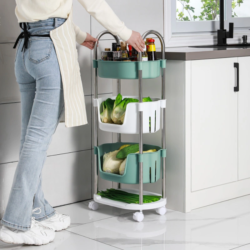 Multi Function Movable Plastic Kitchen Storage Cart Fruit Vegetable Kitchen Rack with Wheels