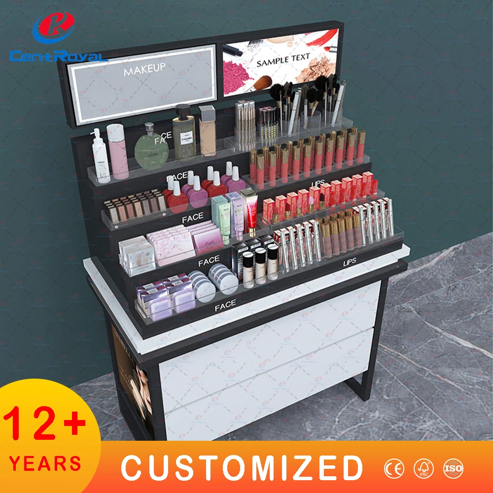 Customized Metal Wood Floor Standing Cosmetic Makeup Display Stand Rack Shelf